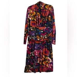 Colorful Floral Draped Waist Dress Long Sleeve Statement Print Size Large